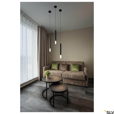 Helia Ambient 35 LED Pendelleuchte Schwarz ohne Baldachin im modernen Wohnzimmer mit drei Pendeln