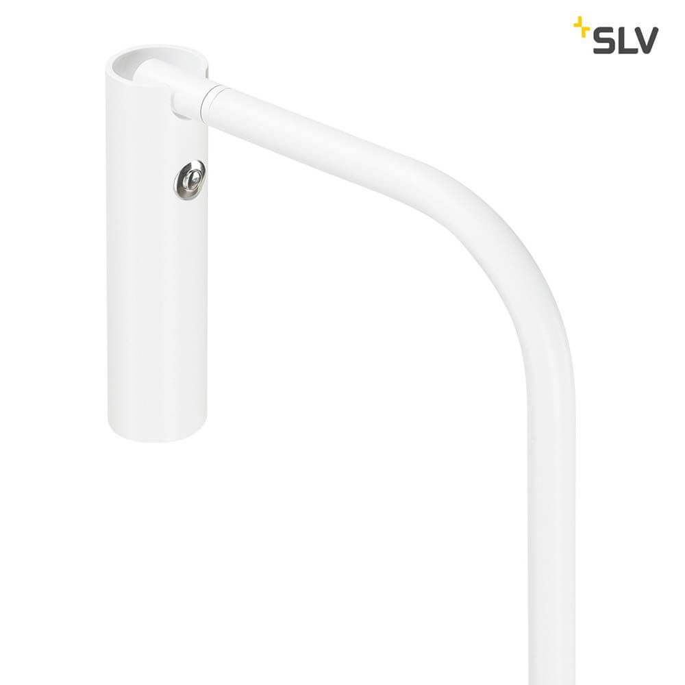 Nahaufnahme der weißen Karpo LED Tischleuchte mit zylindrischem Spot von SLV.