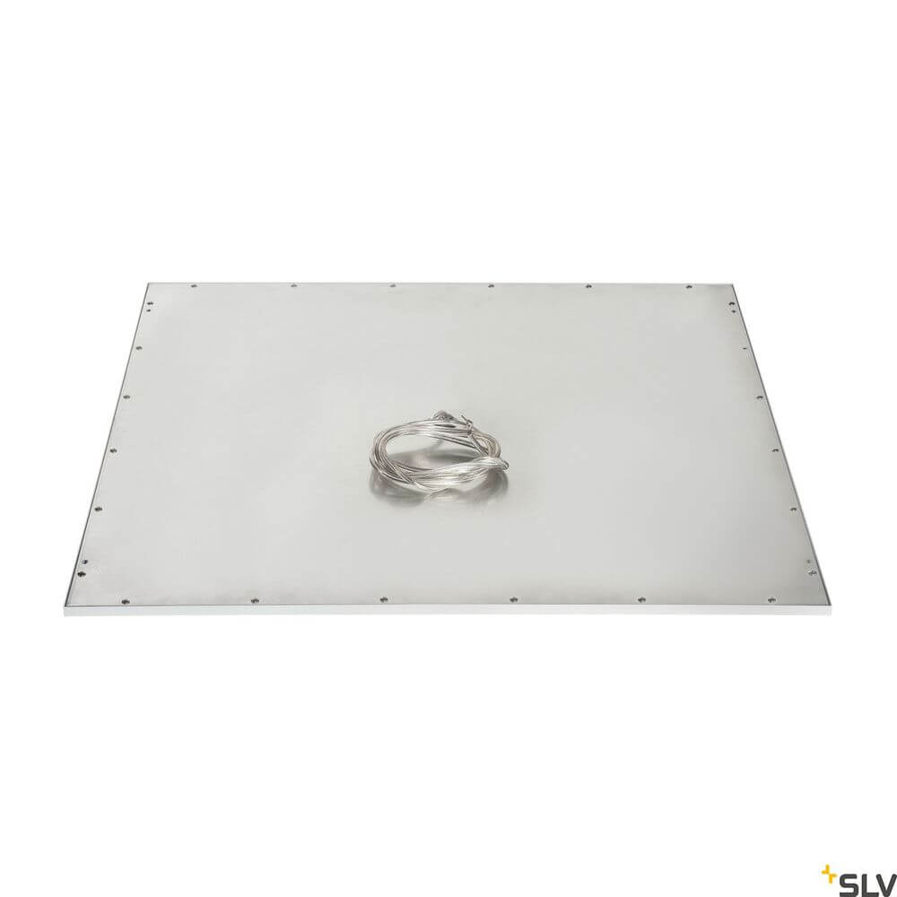 LED Panel 620 Deckenleuchte Weiß 3000K mit Anschlusskabel auf silberner Oberfläche