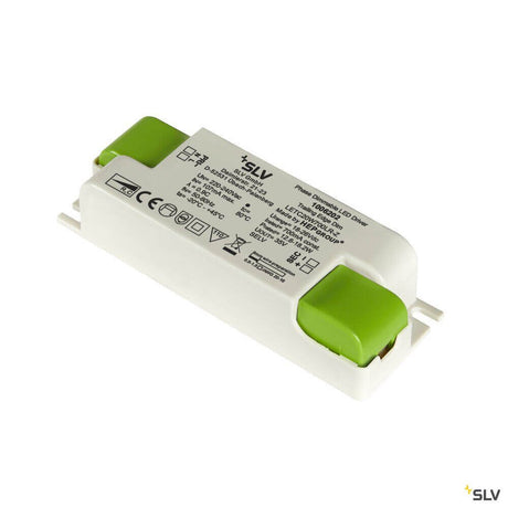 LED 20W 700mA dimmable driver with white housing and green ends.