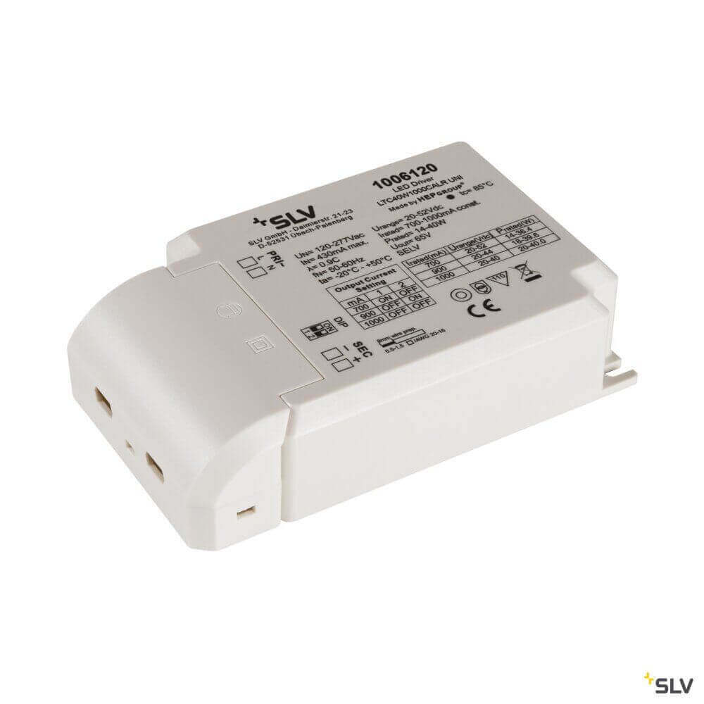 LED Treiber 40W 700-900-1000mA in weißer Ausführung, ideal für Konstantstromanwendungen.