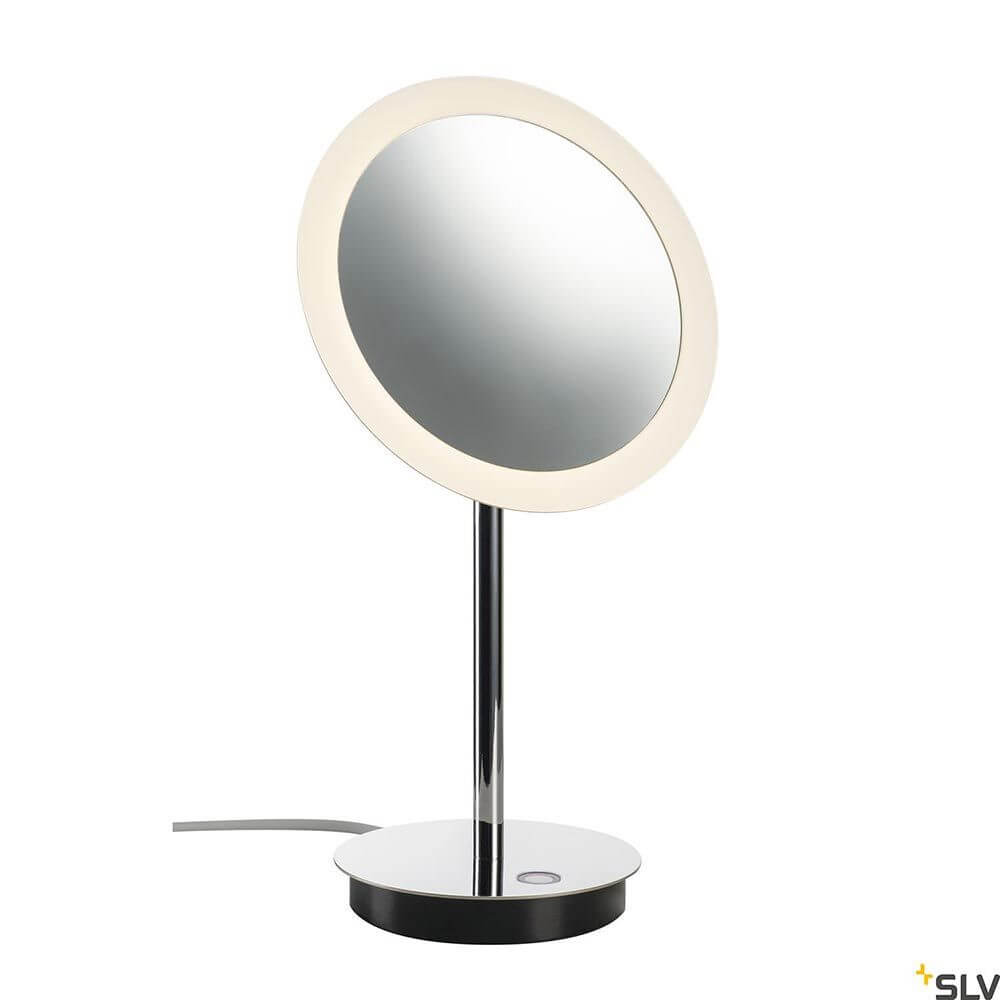 Moderne LED Tisch Schminkspiegel mit Chrom-Finish und CCT Switch, vergrößert 3-fach für optimale Beleuchtung.