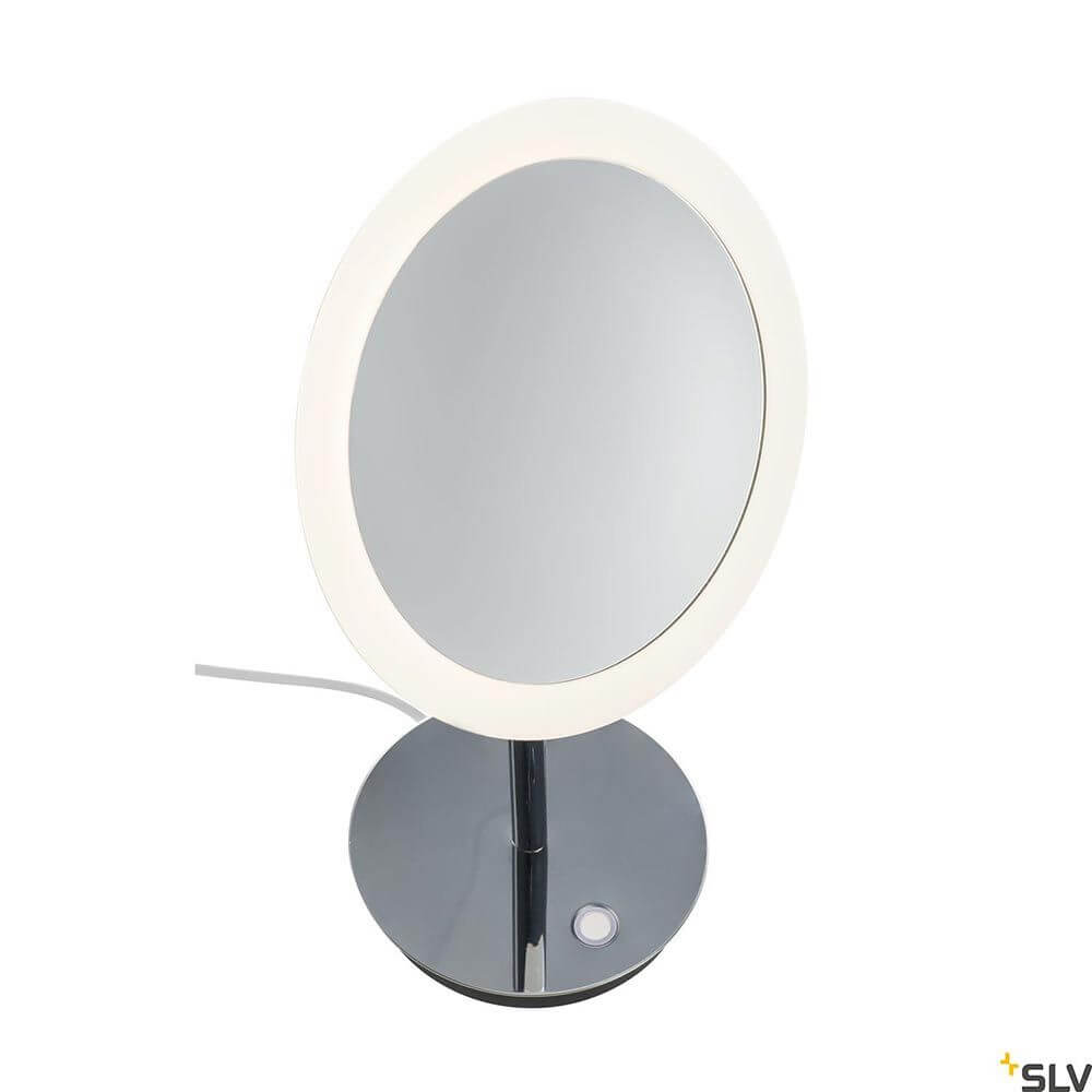 Maganda LED Tisch Schminkspiegel mit chromfarbener Basis und dimmbarem LED-Ringlicht für perfekte Beleuchtung.