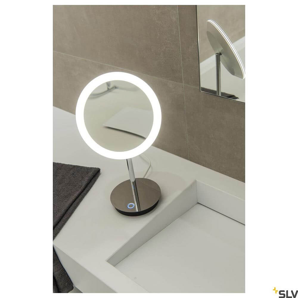 Moderne MAGANDA LED Tisch Schminkspiegel in Chrom mit CCT Lichttemperaturwechsel, ideal für Badezimmer.