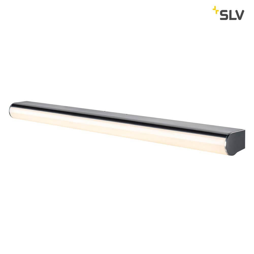Marylin LED Spiegellampe Chrom IP44 21W in eleganter, schmalgeformter Ausführung aus weißem Kunststoff und Aluminium.