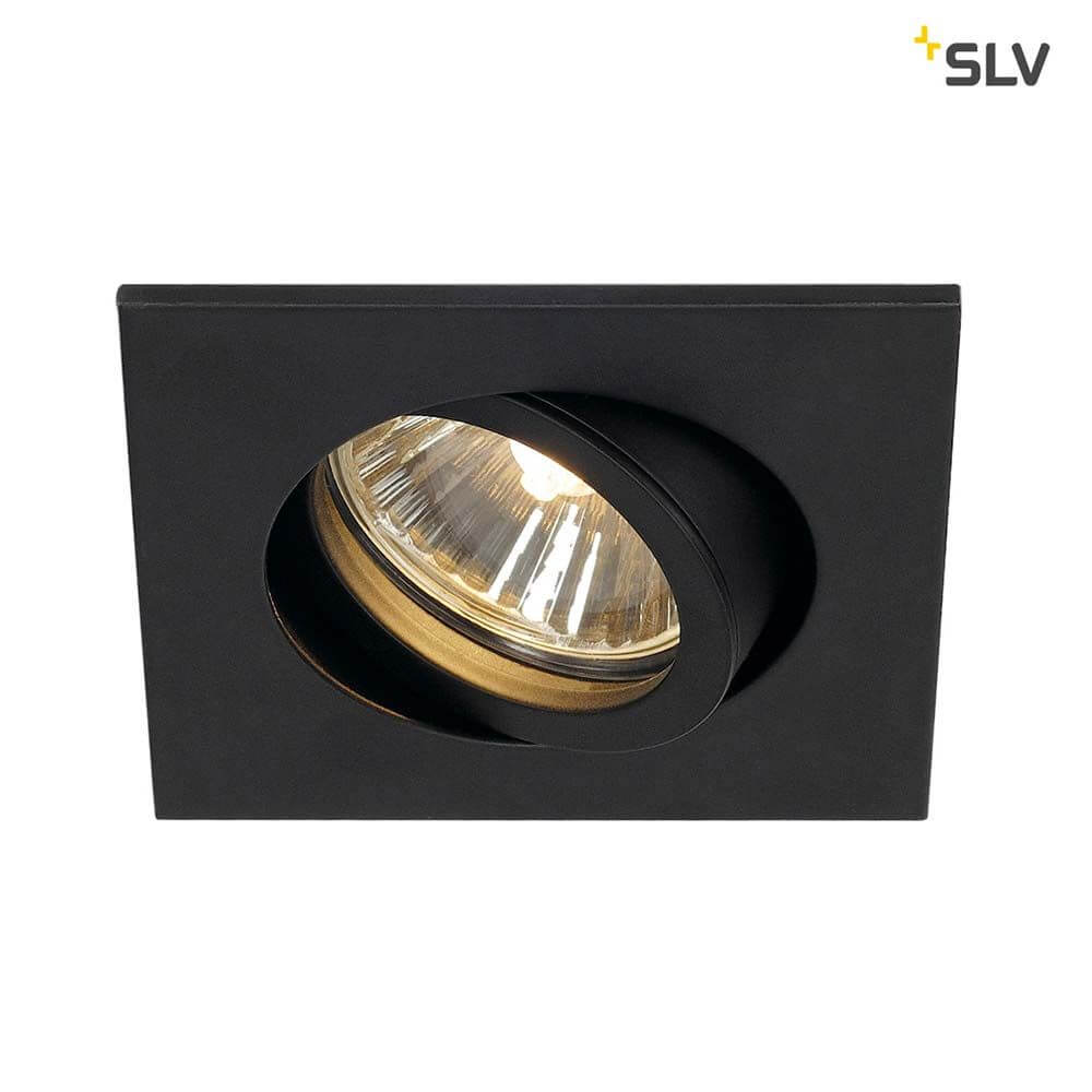 Quadratische Einbauleuchte NEW TRIA 68 in Schwarz mit schwenkbarem Lichtkegel für Halogen- oder LED Leuchtmittel.