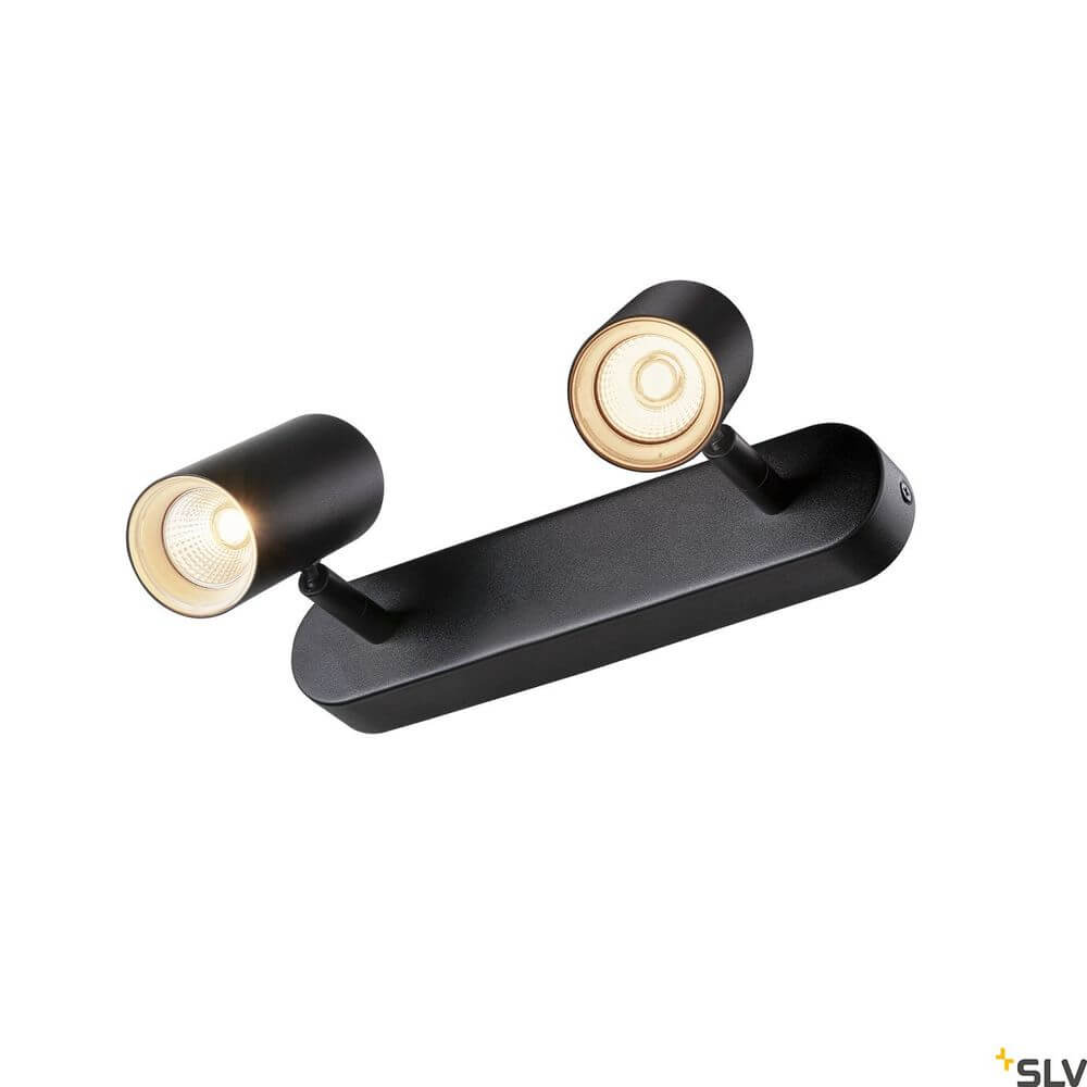 Noblo LED Strahler 2700K Schwarz mit zwei drehbaren Leuchten auf schwarzem Sockel.