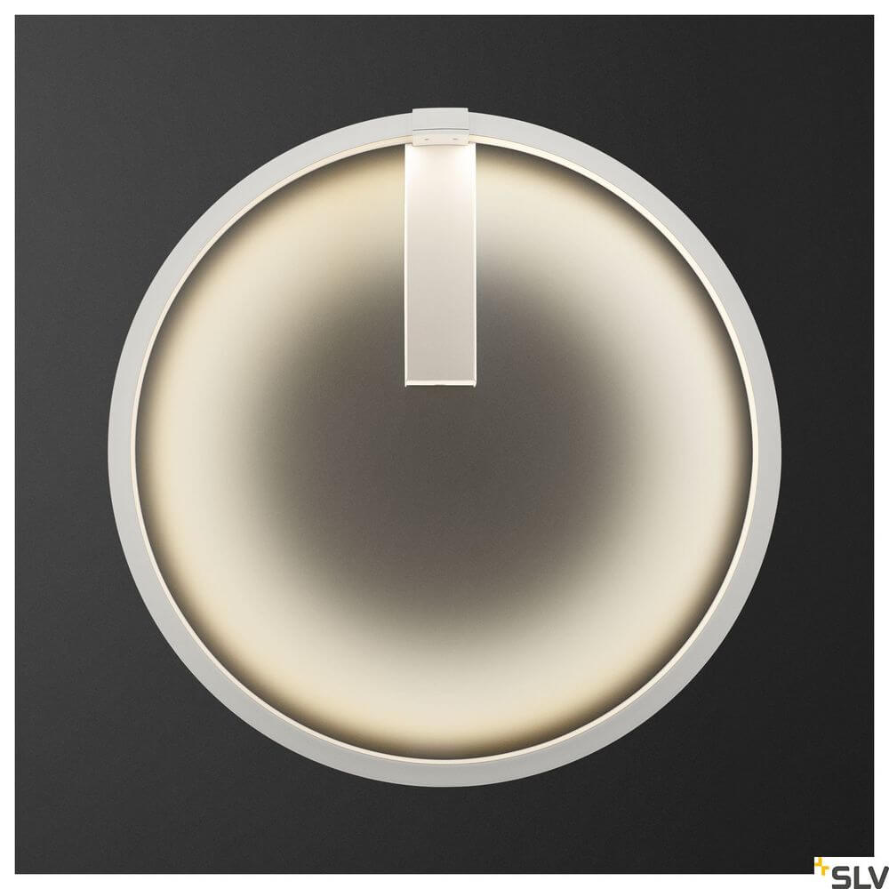 One 60 Wandlampe Dali 3000-4000K Weiß auf schwarzem Hintergrund, modernes Design, runde Form.