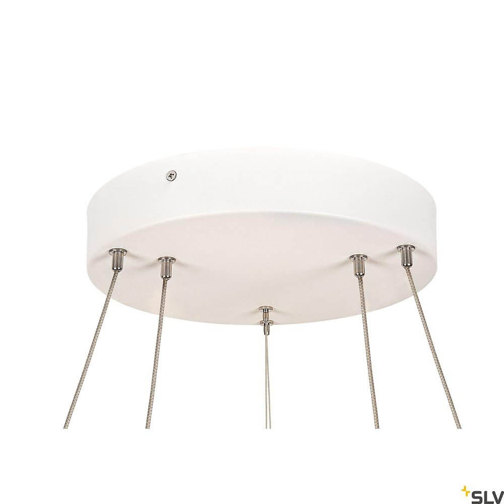 One LED Pendelleuchte Double Phase Up&Down in modernem, elegantem Design mit weißem Gehäuse und abgehängten Kabeln.