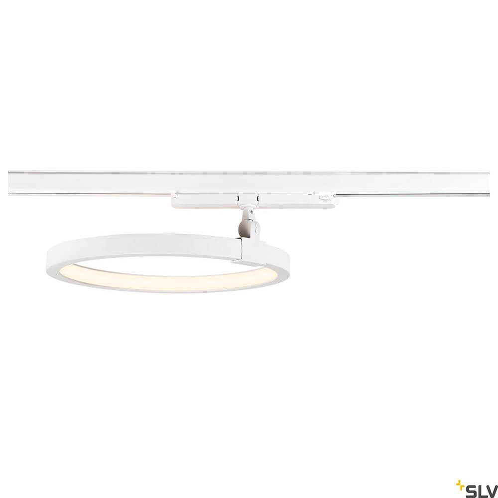 One LED Systemleuchte 3-Phasen Dali Ø 40cm an einer weißen Schiene montiert.