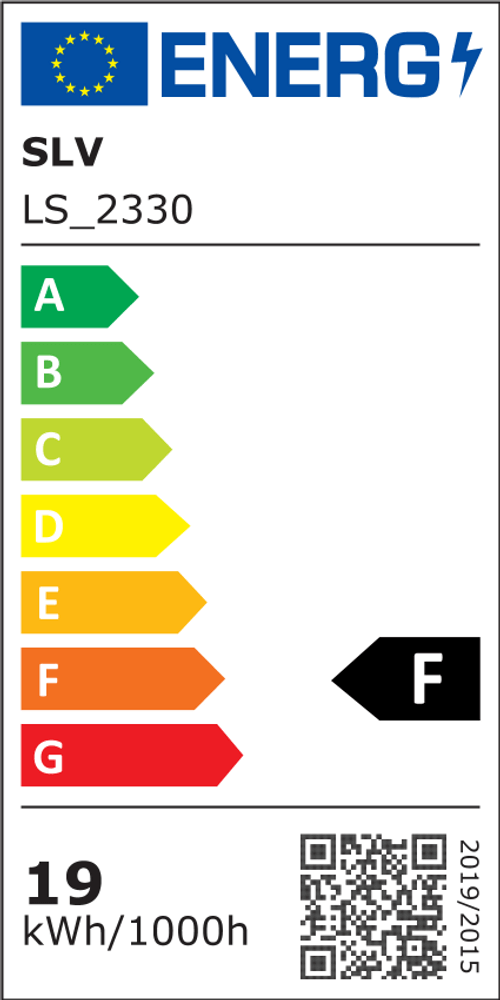 Energielabel für SLV LS_2330, Klassifizierung F, zeigt Energieverbrauch von 19 kWh/1000h.
