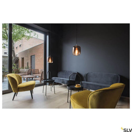 Pantilo 20 pendant lamp E27 copper in a modern living room with stylish furniture