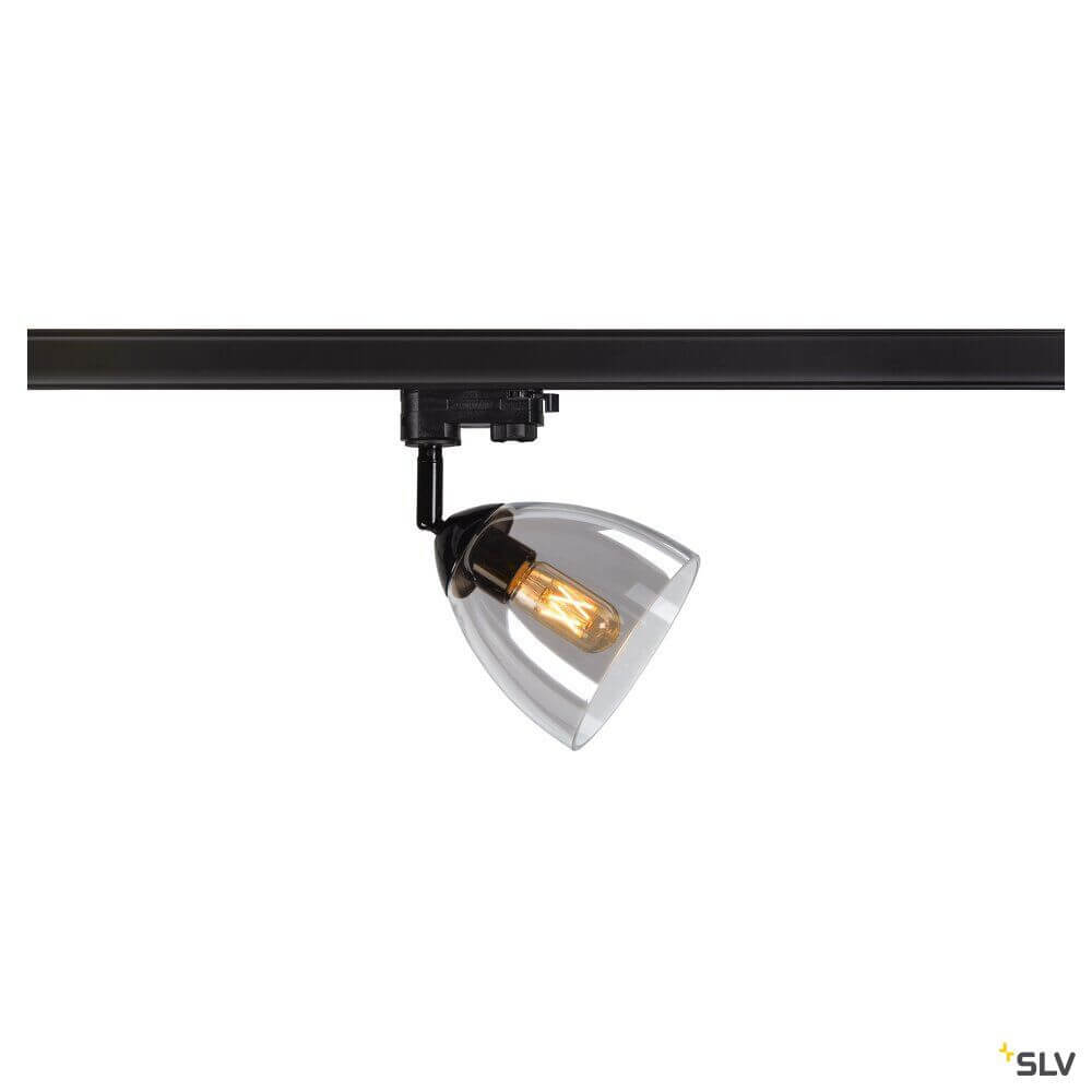 Para Cone 3-Phasen Spot Bambus an einem Stromschienensystem installiert, konisch geformter Reflektor, warmes Licht.