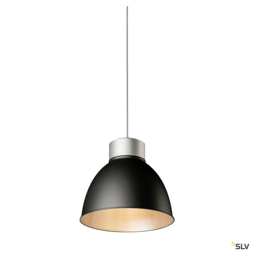 Para Dome Pendelleuchte in Schwarz mit glänzendem Aluminium-Einsatz, ideal für die Hallenbeleuchtung.