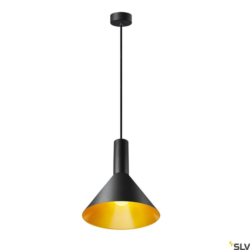 Phelia 275 E27 Pendellampe Schwarz, Gold – stilvolle Hängeleuchte mit schwarzem und goldenen Innenleben.