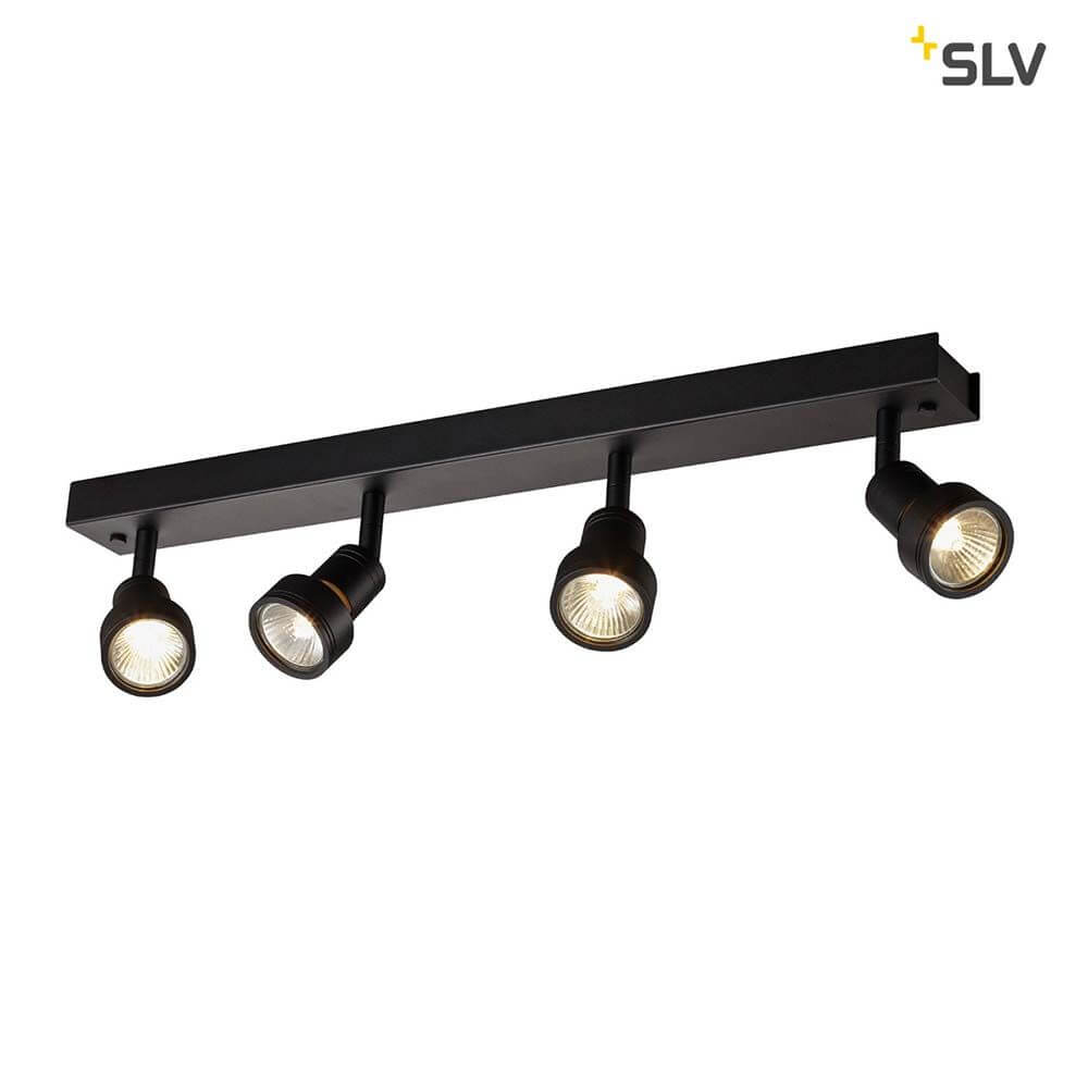 Puri Aufbauleuchte Quad QPAR51 Schwarz mit vier dreh- und schwenkbaren Leuchtenköpfen in Aluminium.