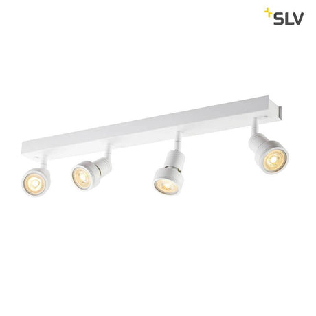 Plafonnier Puri Quad QPAR51 blanc avec quatre têtes de luminaire orientables et pivotantes en blanc.