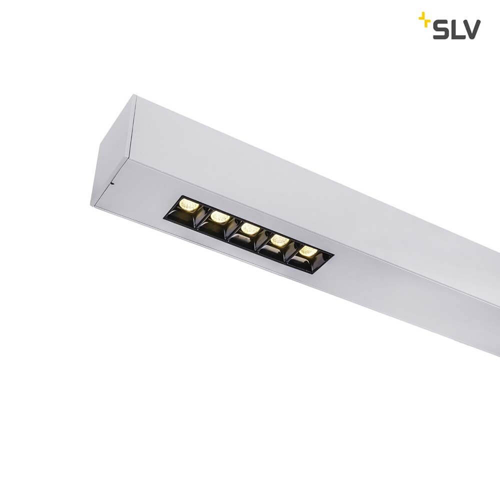 Q-Line LED Deckenaufbauleuchte 2m Silber 4000K mit modernem, silbernem Design und sechs LED-Leuchten.