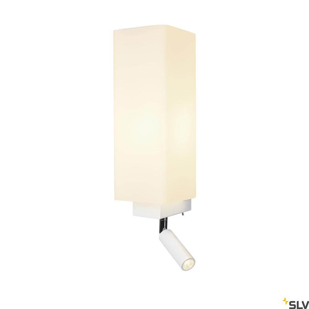Quadrass LED Wandaufbauleuchte mit Metall- und Glaselementen und LED-Leseleuchte.