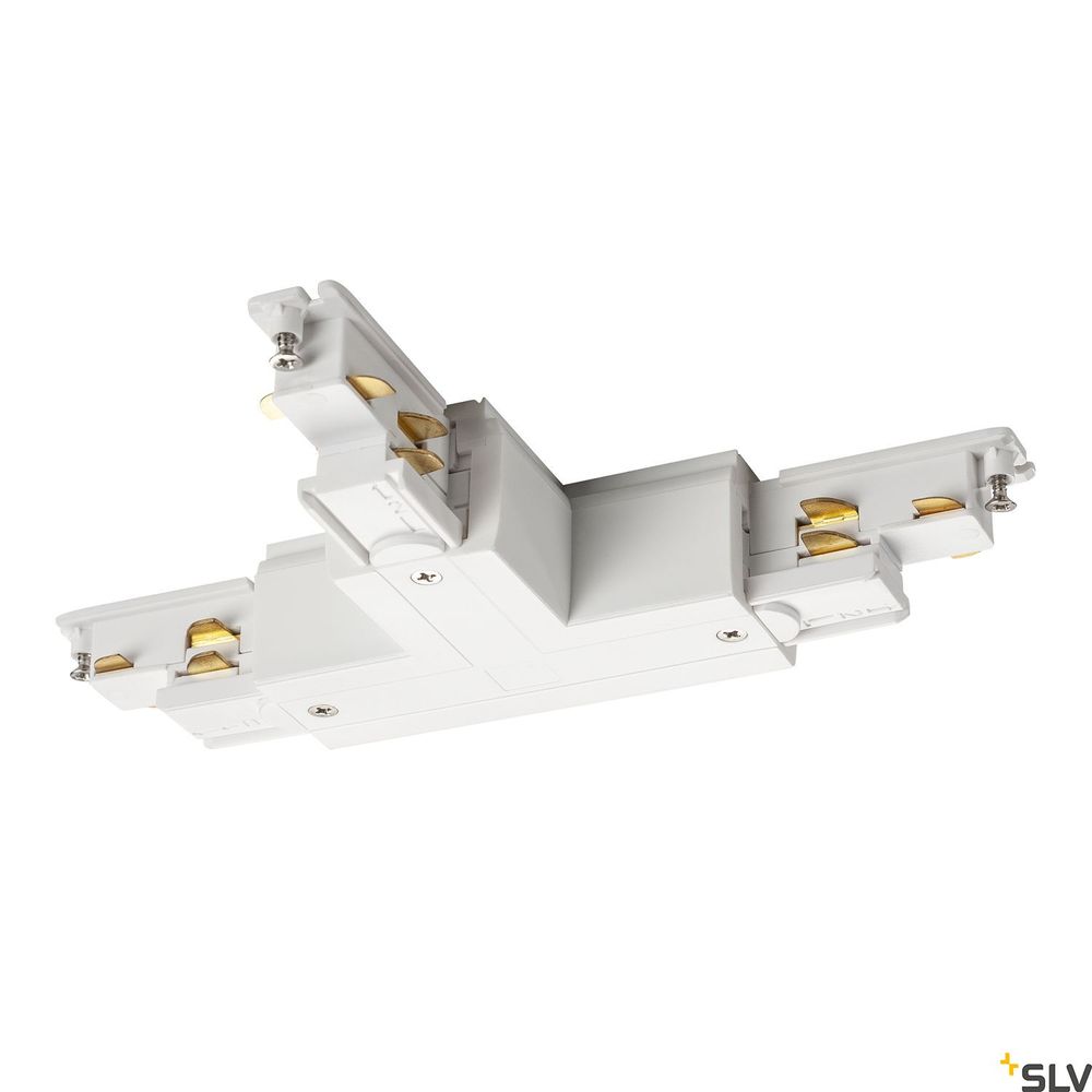 S-Track Dali T-Verbinder Links Weiß in der Ansicht von unten, ideal für Lichtinstallationen.