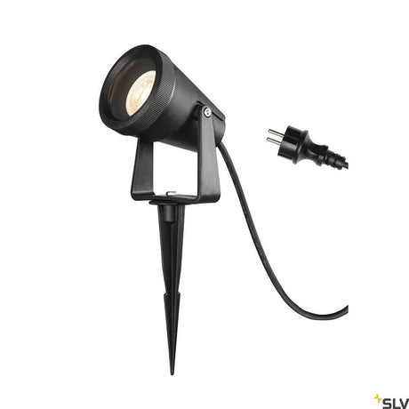 Samrina Single lampe d’extérieur sur piquet noir avec projecteur flexible et raccordement par câble.