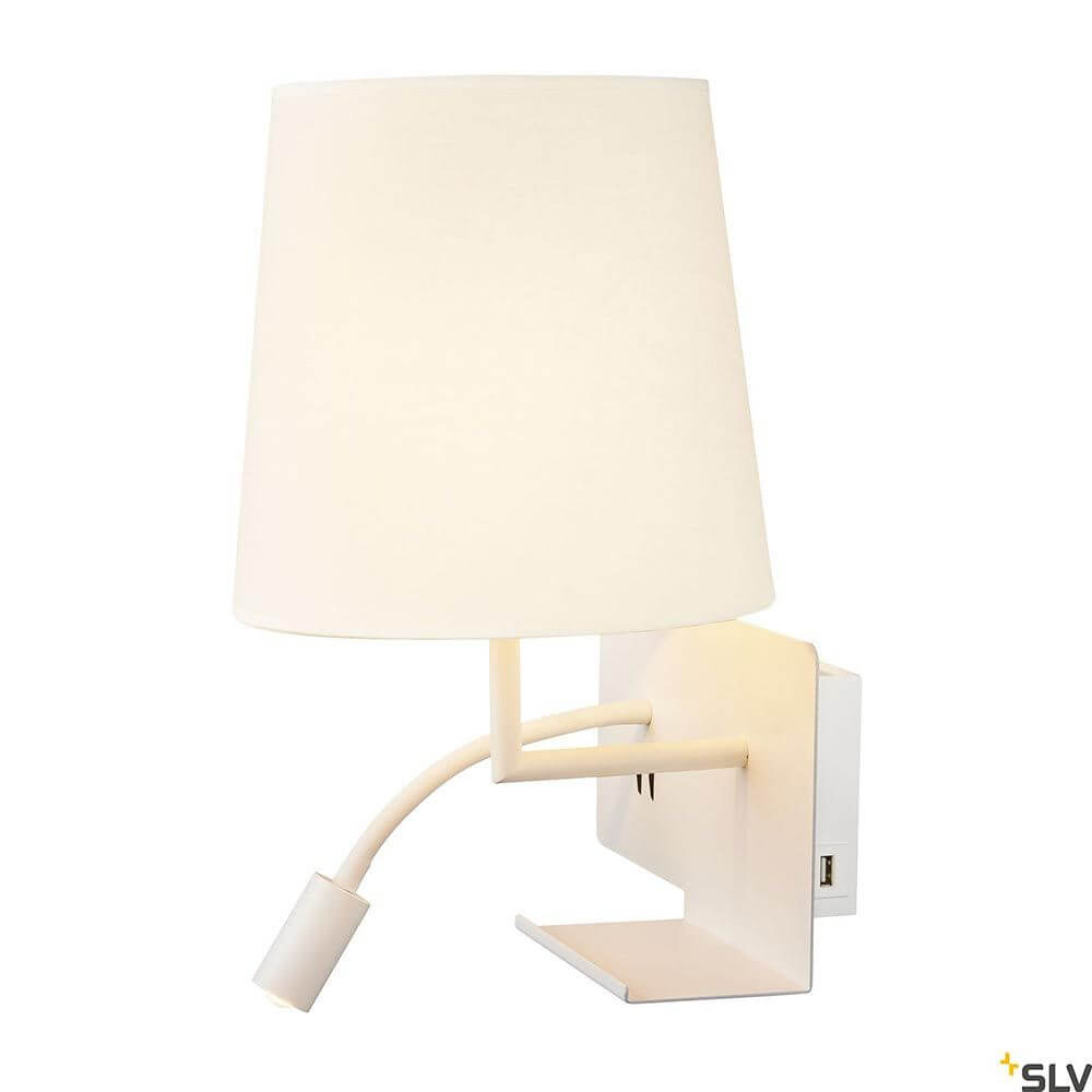 Somnila Flex LED Wandaufbauleuchte Weiß inkl. USB an der Wand montiert mit flexiblem Arm und Leselampe.