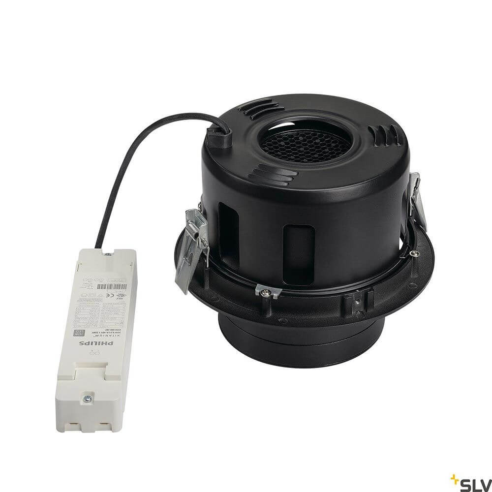 Supros Move LED Deckeneinbauleuchte 230V mit breitabstrahlendem Reflektor und Steuergerät.