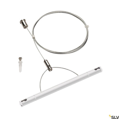 Suspension par câble Tenseo blanche avec câble, support et matériel de montage pour une installation facile.