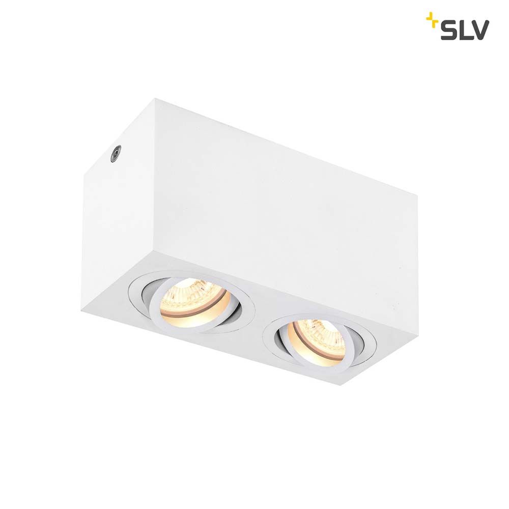 Triledo Double Deckenaufbauleuchte QPAR51 Weiß mit dreh- und schwenkbaren GU10 Leuchtenköpfen aus Aluminium.