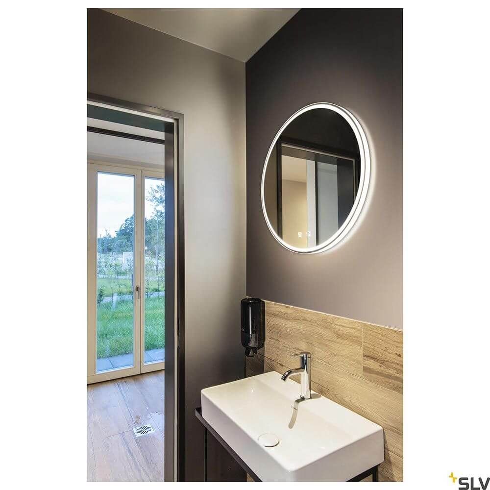 Trukko LED Spiegelleuchte Badspiegel Ø 60cm über einem modernen Waschbecken in einem eleganten Badezimmer.
