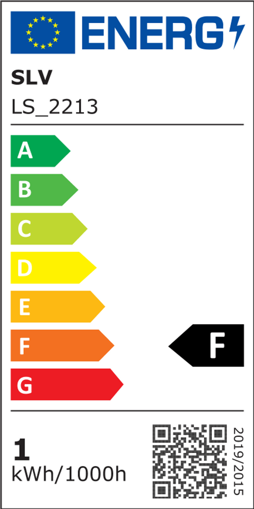 Energieeffizienzlabel für SLV LS_2213 mit Bewertung F, zeigt Verbrauch von 1 kWh pro 1000 Stunden.