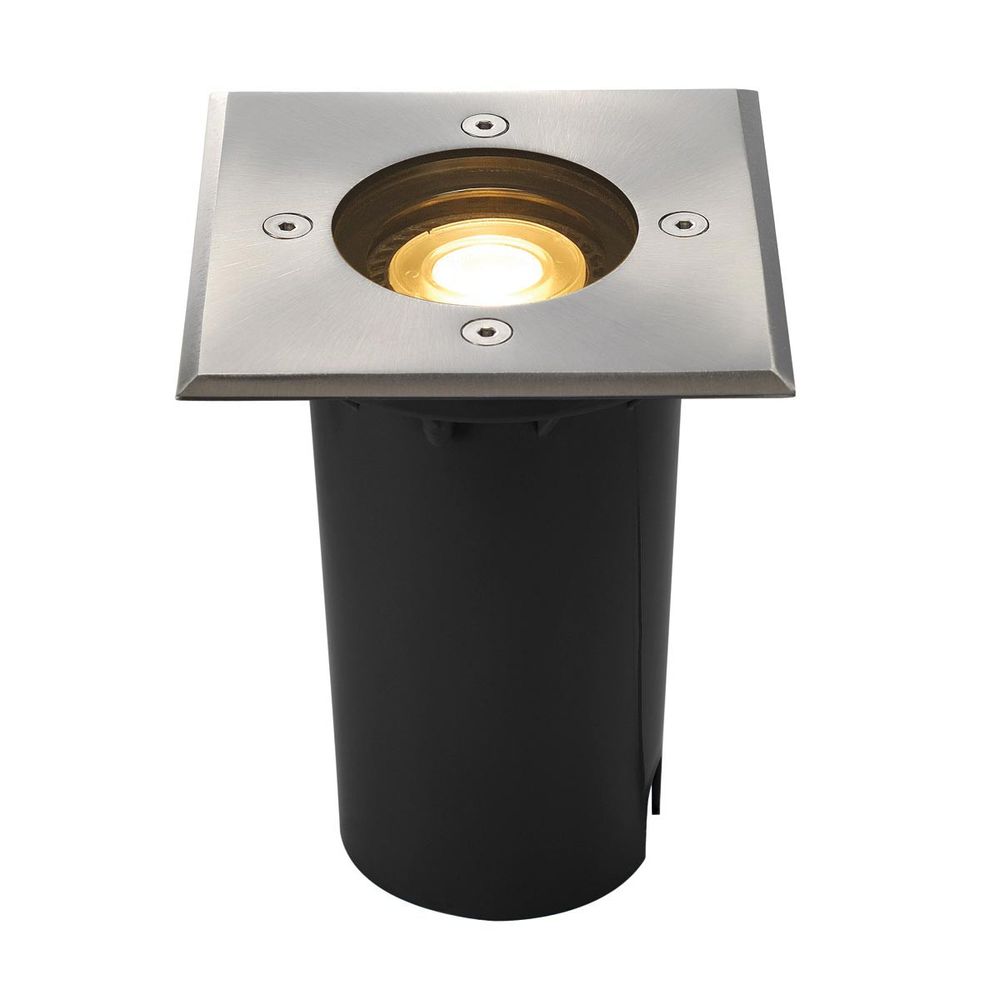 SOLASTO Bodeneinbauleuchte eckig Edelstahlblende GU11 mit GU10 Fassung und IP67 Schutzart für Außenbereiche.