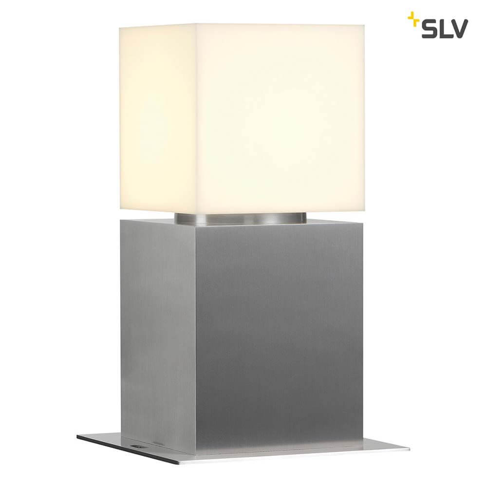 Square Pole 30 E27 Outdoor Stehleuchte Alu-Gebürstet IP44 mit opalenen Acryl Quader und Edelstahlbasis.