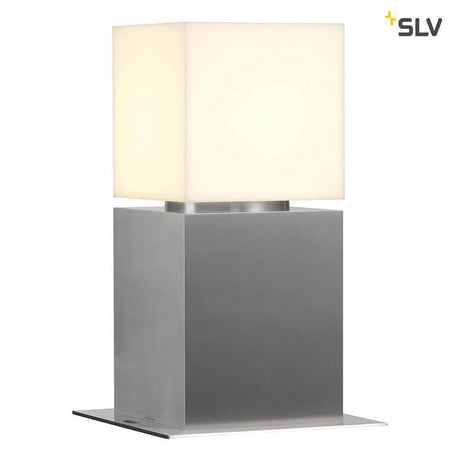 Square Pole 30 E27 outdoor floor lamp brushed aluminium IP44 with opal acrylic cuboid and stainless steel base.