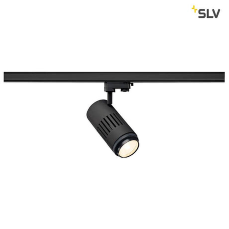 Stuctec LED Zooming Lens Strahler für 3Ph-Schiene 3000K Schwarz an einer 3Phasen-Schiene montiert.