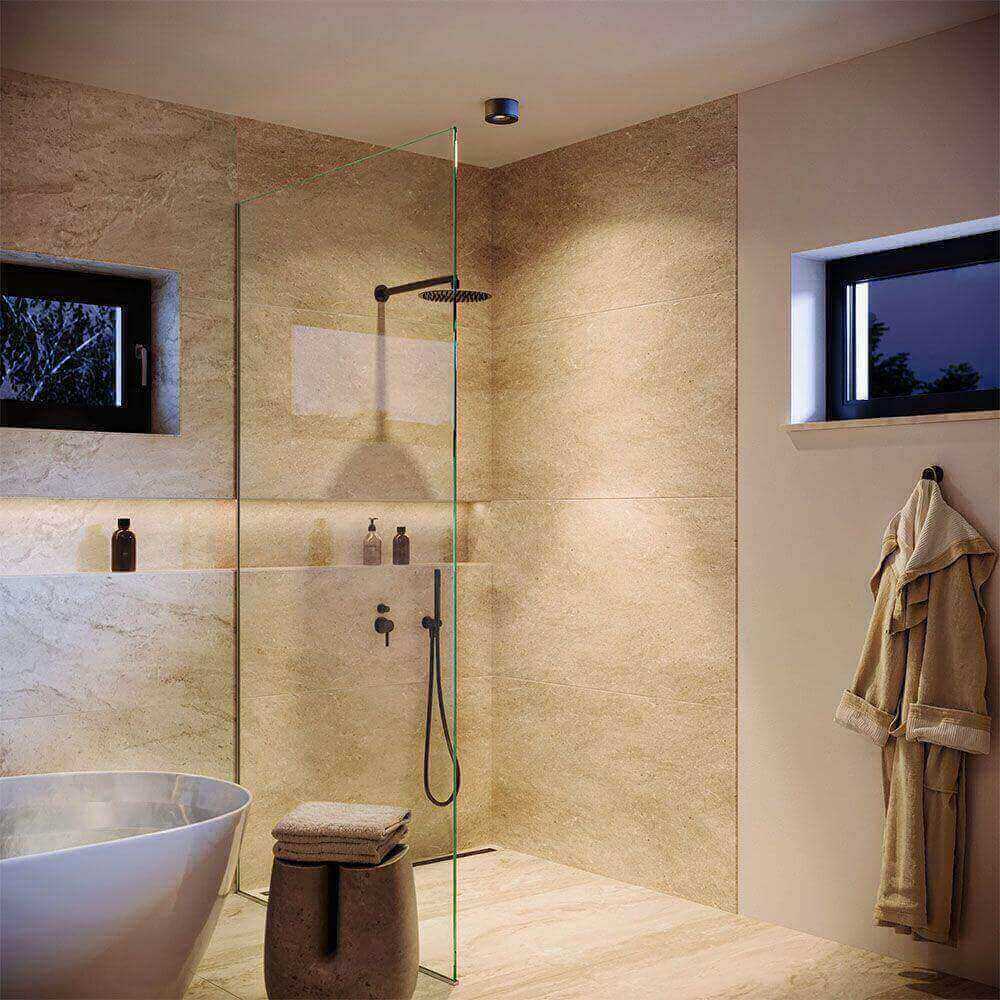 Modern badrumsutsikt med glas svängbar dusch, badkar och stiliga tillbehör.