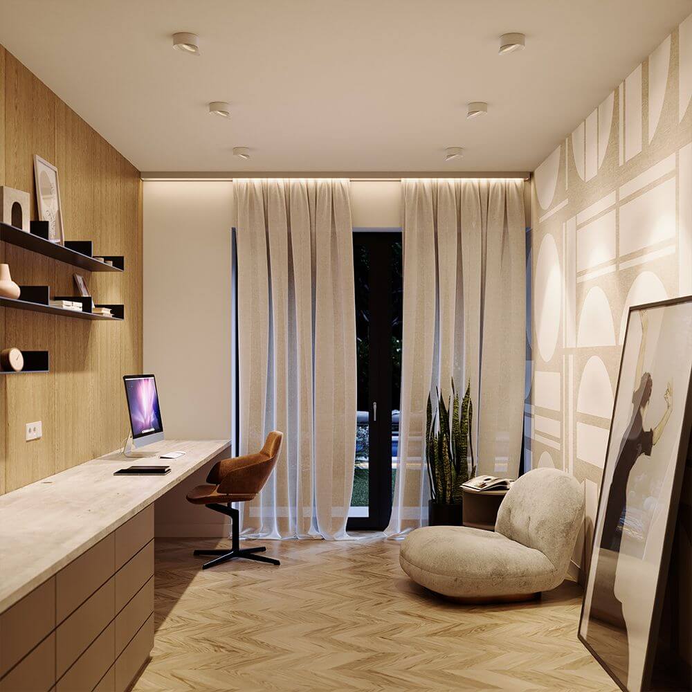 Modernes Homeoffice mit LED-Deckenstrahler, Holzregal und gemütlichem Sessel.