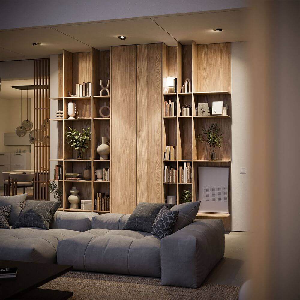 s.luce Santa Deep LED-Einbaustrahler schwenkbar & dimmbar im modernen Wohnraum mit hellem Holzregal.