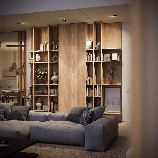 s.luce Santa Deep LED-Einbaustrahler schwenkbar & dimmbar im modernen Wohnraum mit hellem Holzregal.