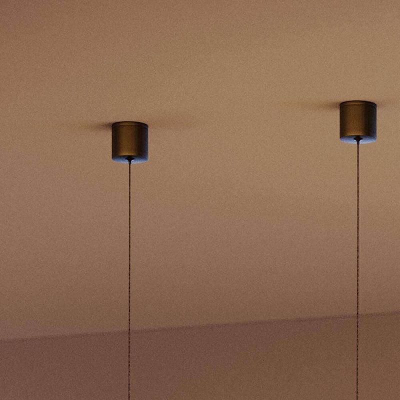 Dunkle Deckenleuchten mit langen Kabeln in modernem Raum, minimalistische Innenarchitektur im Hintergrund.