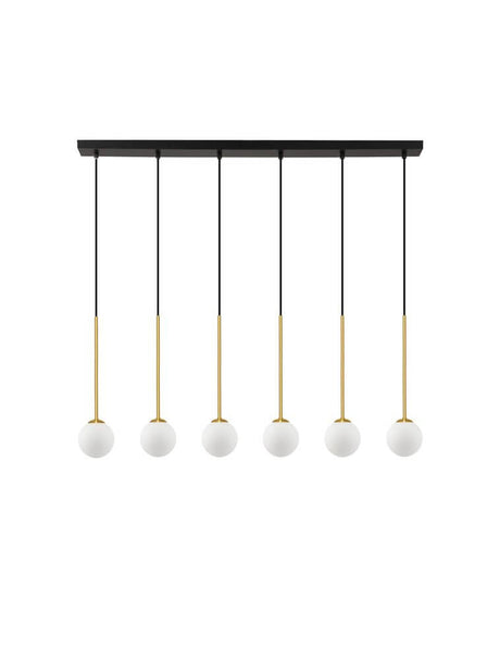 Suspension Savoy G9 à 6 flammes, noir et doré, avec aluminium noir mat et verre opale satiné.
