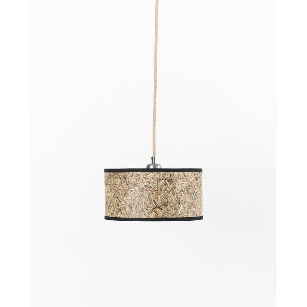 Schlichte Hängeleuchte aus Heu Rund mit Eichenholz-Baldachin in moderner und eleganter Ausführung.
