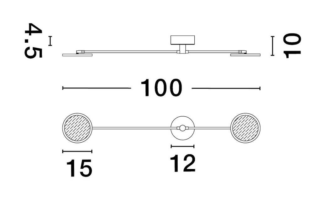 Maße der Scope LED Wandleuchte 2-flammig 3000K, Länge 100 cm, Höhe 10 cm, Durchmesser 15 und 12 cm.