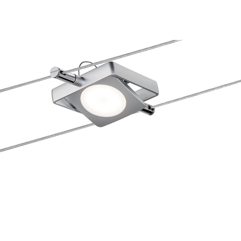 Seil-Leuchte LED 1x4W MacLED 12V DC an einer Drahtseilaufhängung, modernes Design für gezielte Lichtakzente.