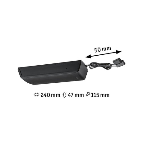 Cable system transformer 230V to 12V max. 60W black with dimensions 240 mm, 47 mm, 115 mm, for wall or ceiling installation.