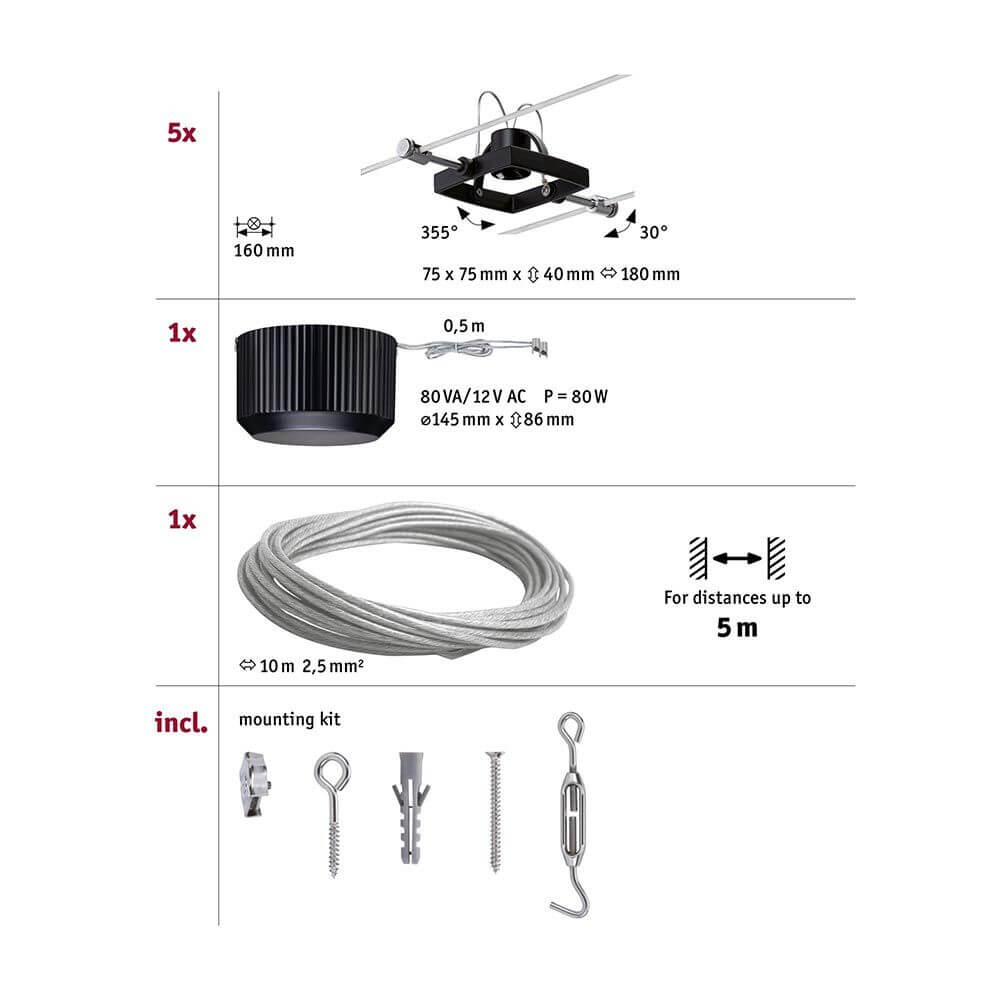 Seilsystem Mac II Basis-Set 5-flammig Schwarz-Matt Montagezubehör und Komponenten übersichtlich dargestellt.