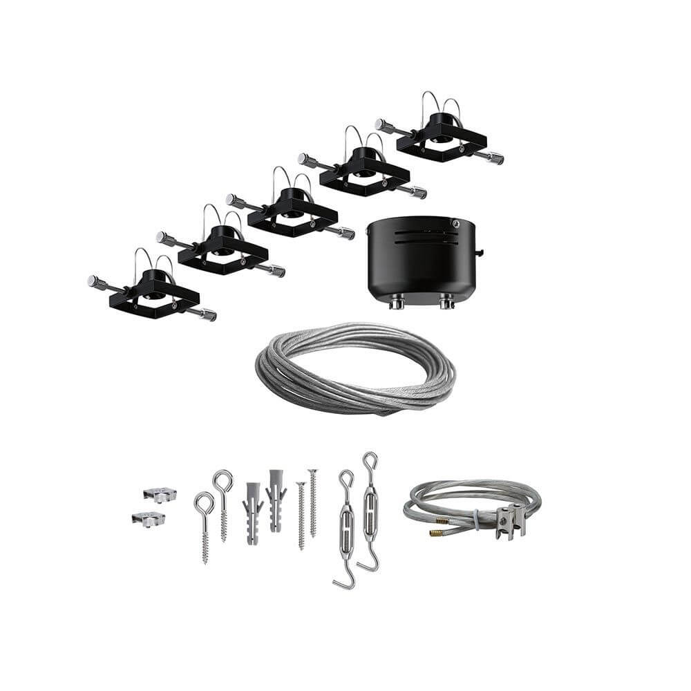Seilsystem Mac II Basis-Set 5-flammig Schwarz-Matt mit Einzelspots und Zubehör