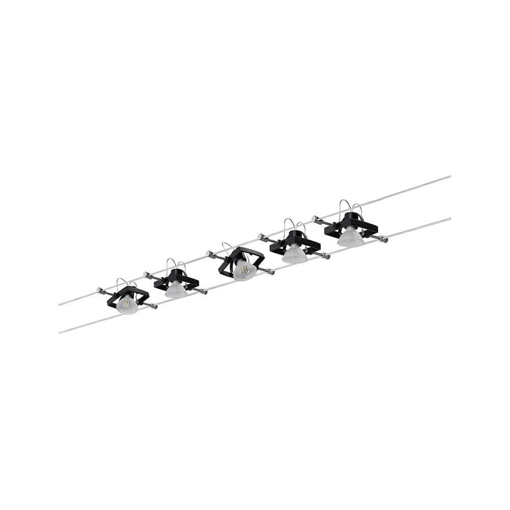 Seilsystem Mac II Basis-Set 5-flammig Schwarz-Matt in eleganter Anordnung über Drahtseil.