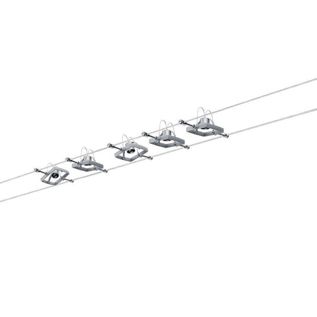 Cable system Mac II with 5 GU5.3 spots mounted on a ceiling, ideal for individual room designs.