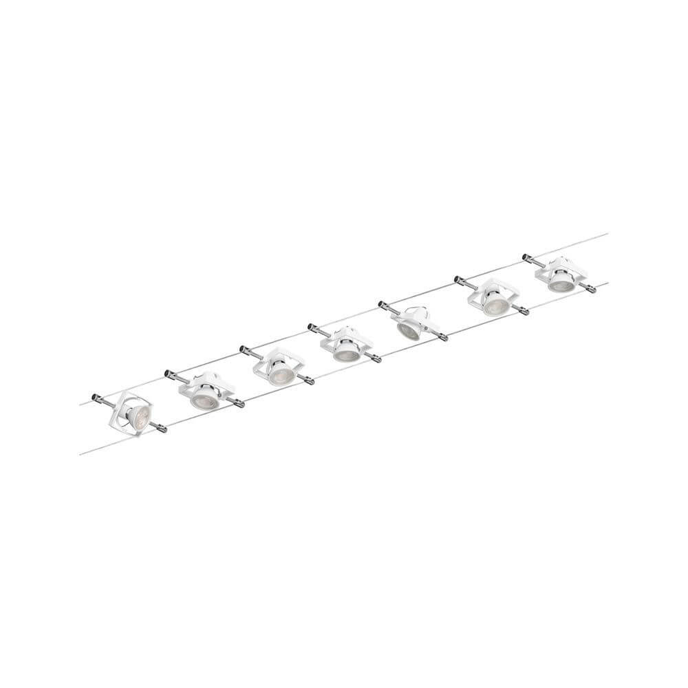 Seilsystem Tech Komplett-Set mit 7 Spots Weiß: modernes Lichtsystem mit 7 Spotköpfen für vielseitige Raumgestaltungen.